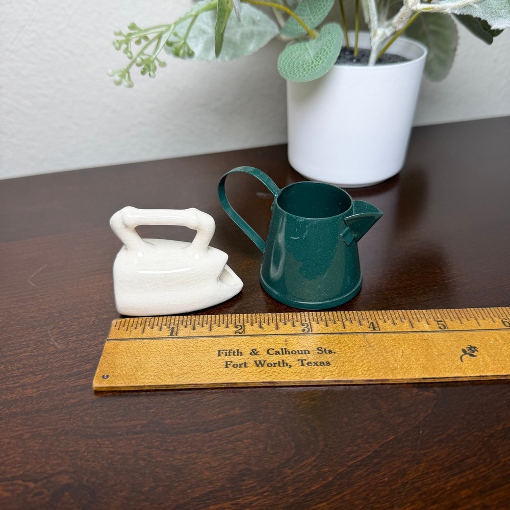 Miniature Ceramic Iron and Green Metal Watering Can Figurine Set Farmhouse Decor - Picture 5 of 5